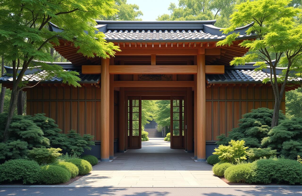 Hinoki Haven entrance with natural wood and lush greenery.