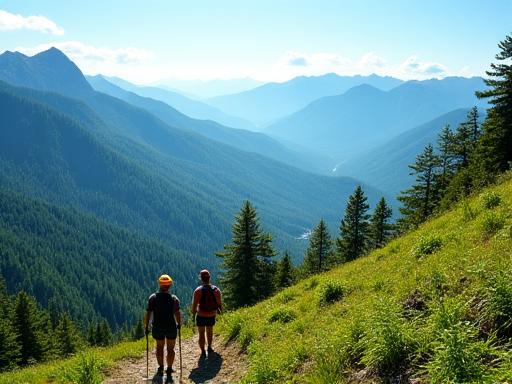 Hikers enjoying a breathtaking view from a mountain trail, surrounded by lush nature.
