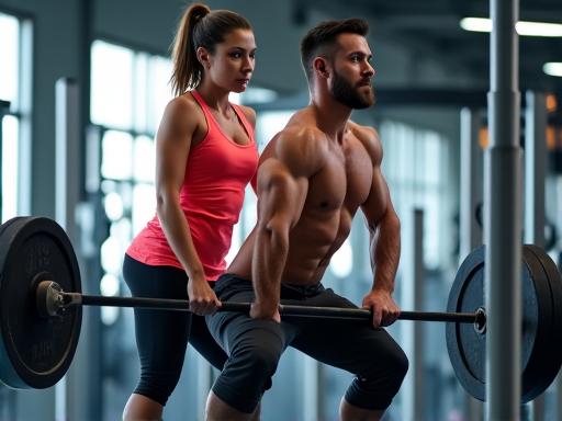 A personal trainer guides a client through a barbell lift in a bright gym.