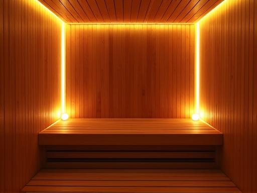 The warm glow of a meticulously crafted hinoki wood sauna.
