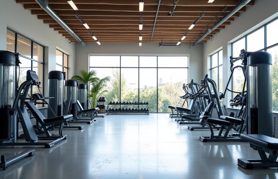 The state-of-the-art gym area with modern equipment under bright, natural lighting.