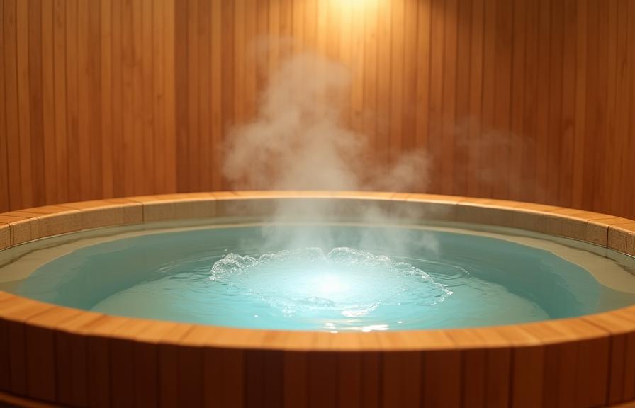 A traditional Japanese hinoki wood bath, emanating warmth and relaxation.