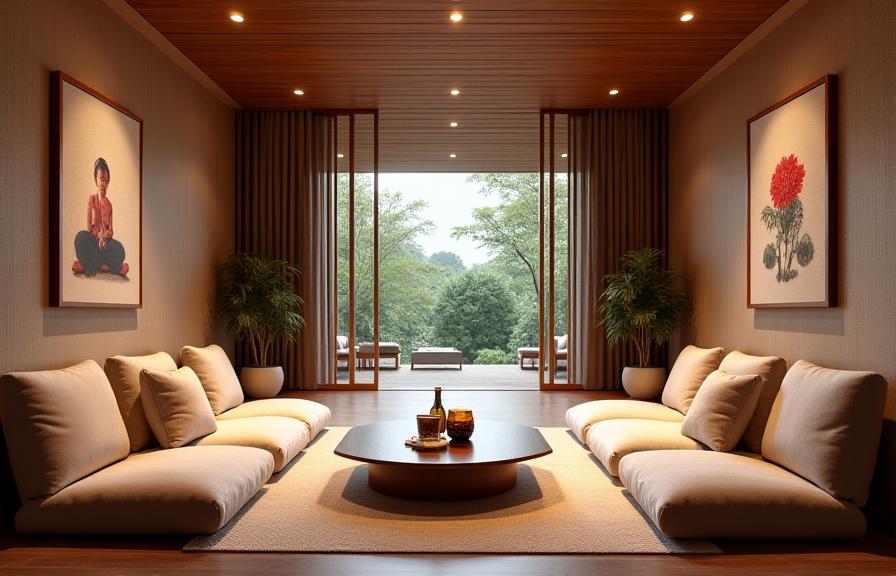 The relaxing lounge area with comfortable, elegant seating and subtle Japanese decor.