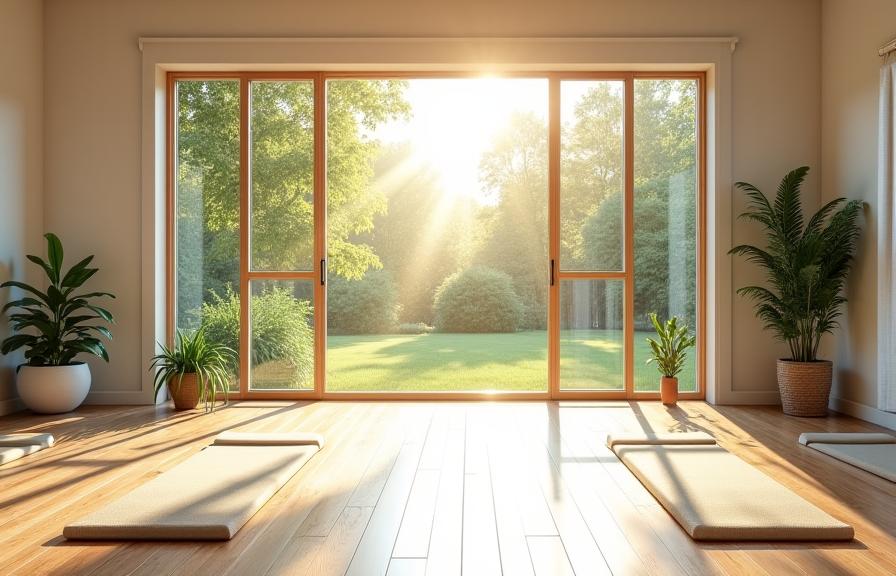 A sunlit yoga studio with large windows overlooking a serene garden, ready for class.